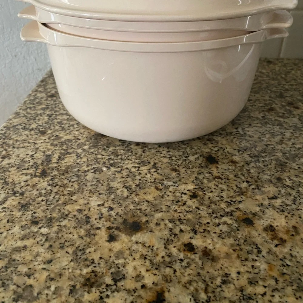 Vintage Tupperware 3pc Almond Microwave Stackable Cooker 1 3/4Qt and 3Qt Bowls